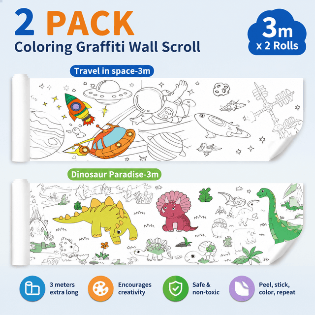 3M Extra Long Reusable Coloring Paper Roll 2 Pack, Space - Dinosaur Park