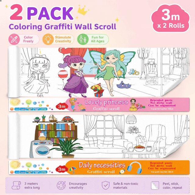 3M Extra Long Reusable Coloring Paper Roll 2 Pack, Lovely Princess + Daily