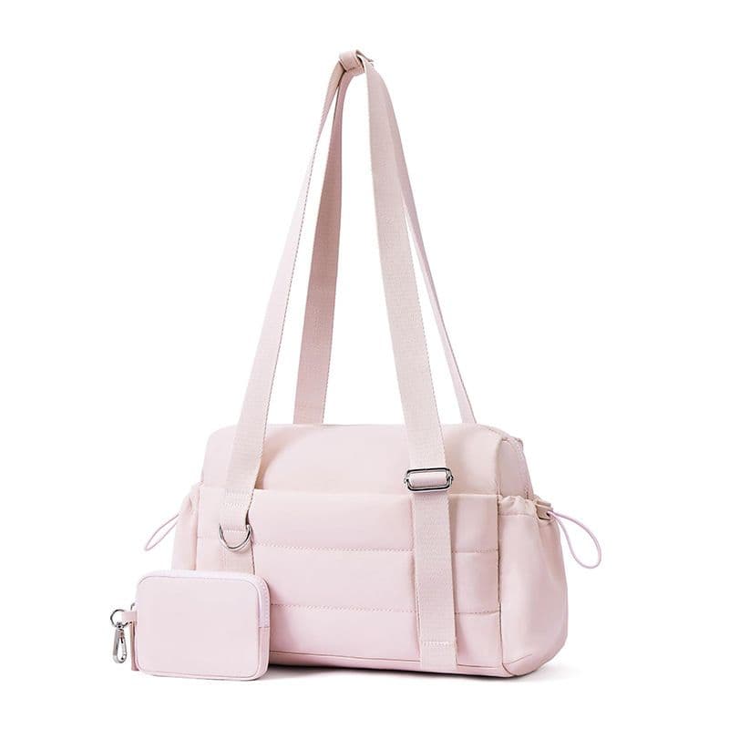 Pink Women’s Fluffy Nylon Gym Travel Tote Bag and Coin Purse Set - Side