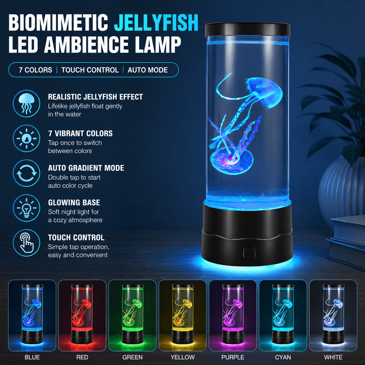 USB-C Powered Bionic Jellyfish LED Night Light with Dual Mode Touch - Black