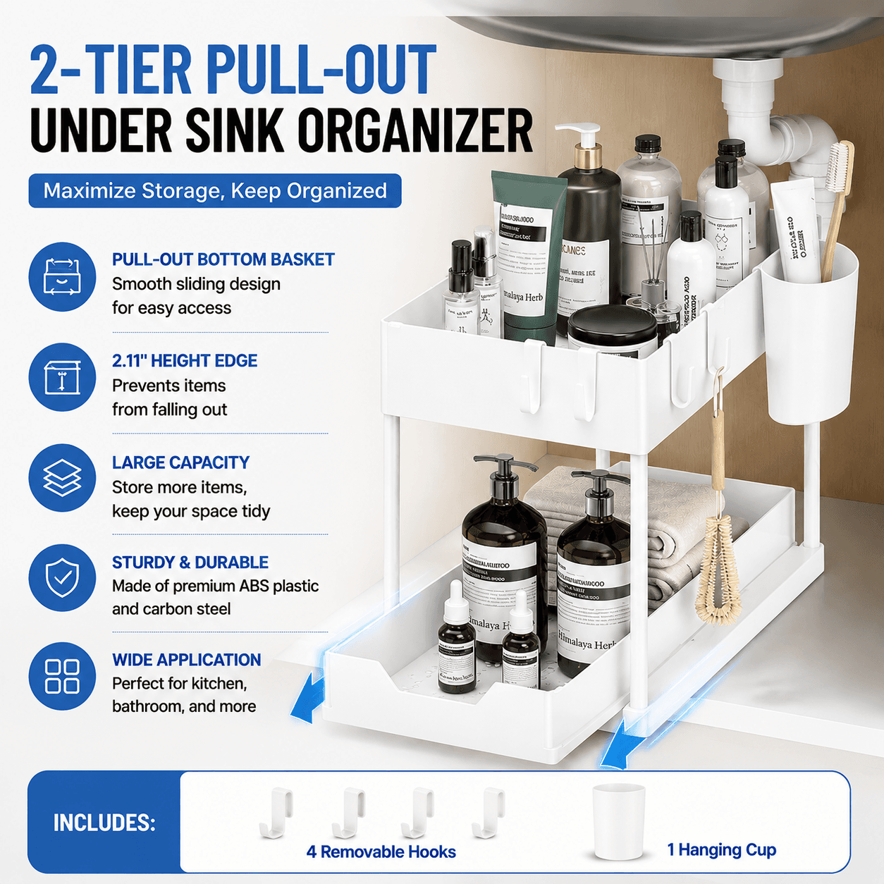 White Under Sink Organizer with Pull-Out Drawer, 4 Hooks and Hanging Cup - 2