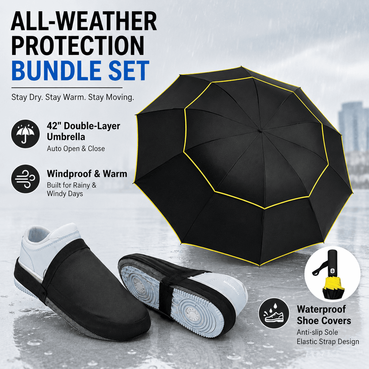 Black Compact 3-Fold Automatic Golf Umbrella (Dia 42 Inch)