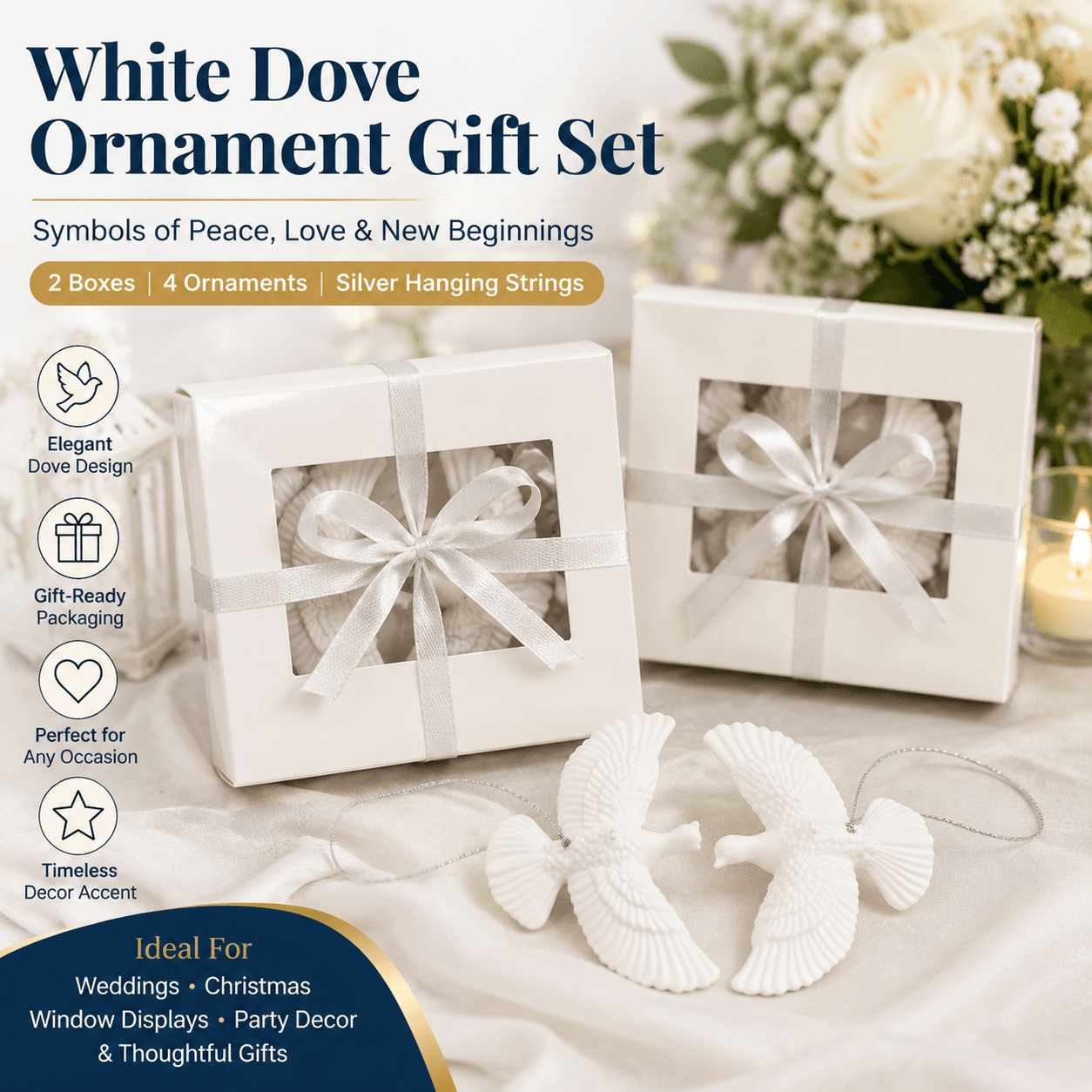 White Dove Christmas Ornament Set (4 Piece / 2 Gift Box) - Peace Dove