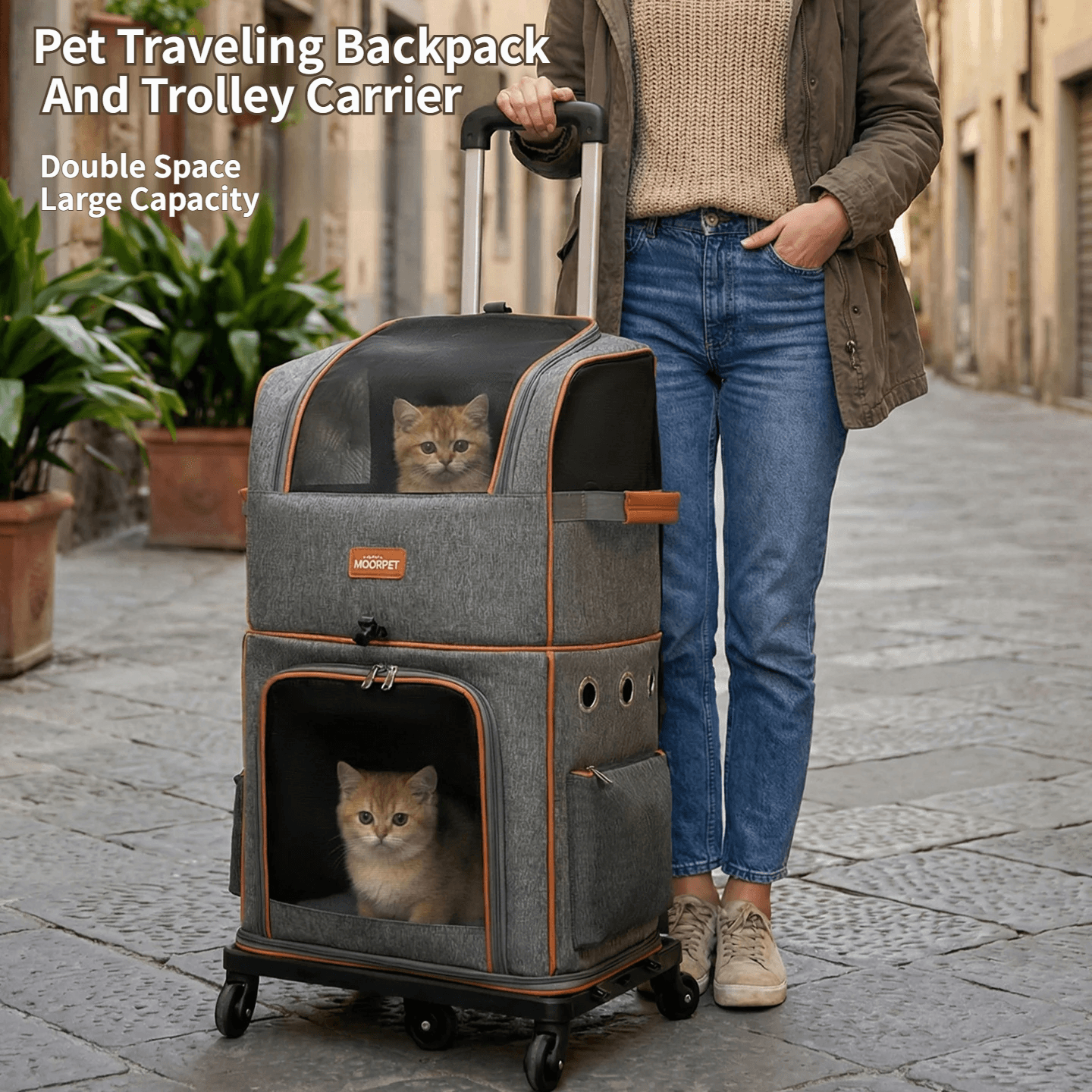 Grey Double Layer Pet Backpack and Trolley Carrier - Foldable Large Capacity