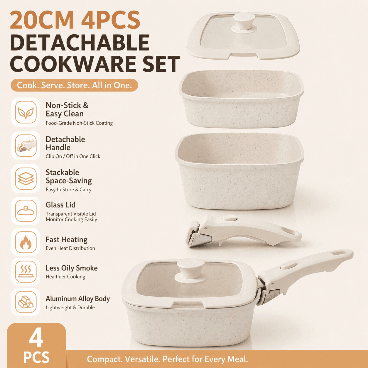 4 Piece Detachable Nonstick Aluminium Alloy Cookware Set (Dia 20 cm)