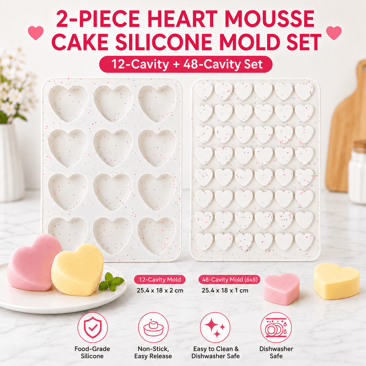12 Cavity & 48 Cavity Heart Shaped Silicone Nonstick Easy Release - 12 48