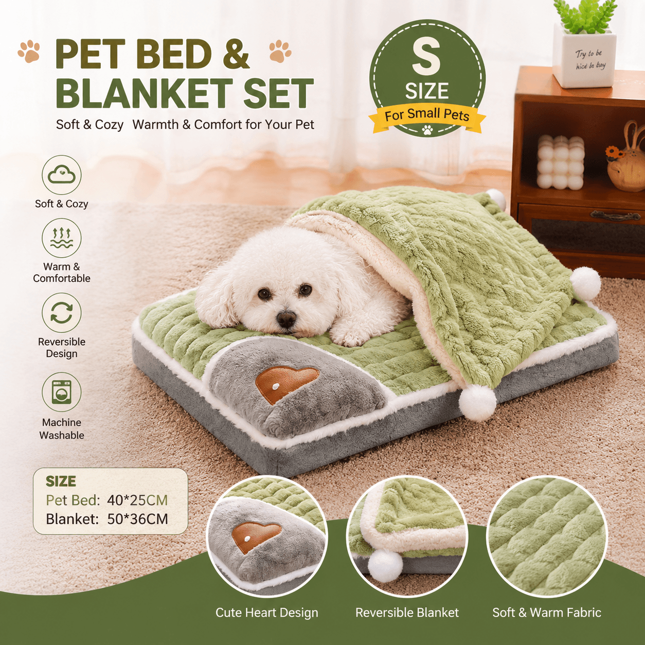 2-piece S size Green Pet Winter Comfort Bundle - 50 × 36 cm Plush Pet