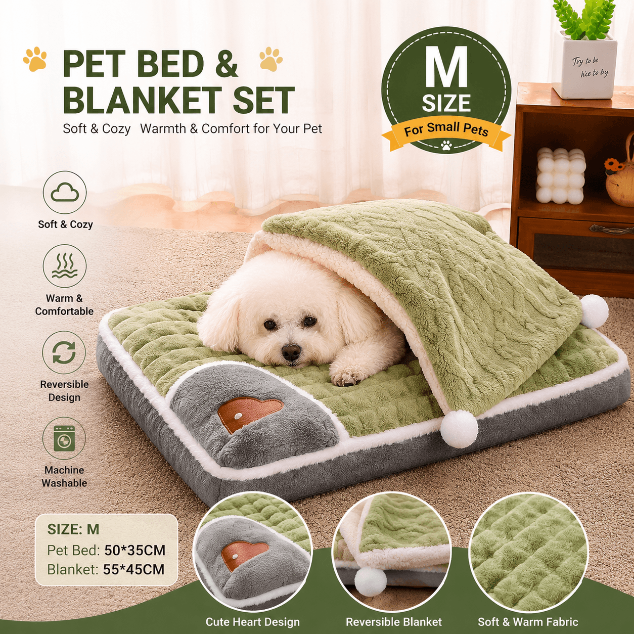 2-piece M size Green Pet Winter Comfort Bundle - 55 × 45 cm Plush Pet