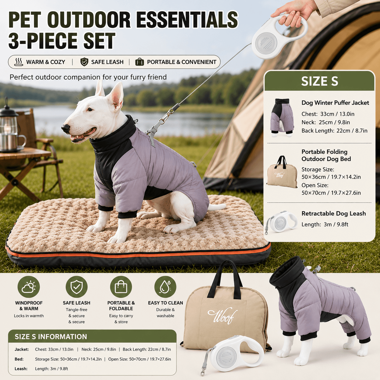 3-Piece Grey Winter Pet Outdoor Travel Set - grey s size Reflective Dog
