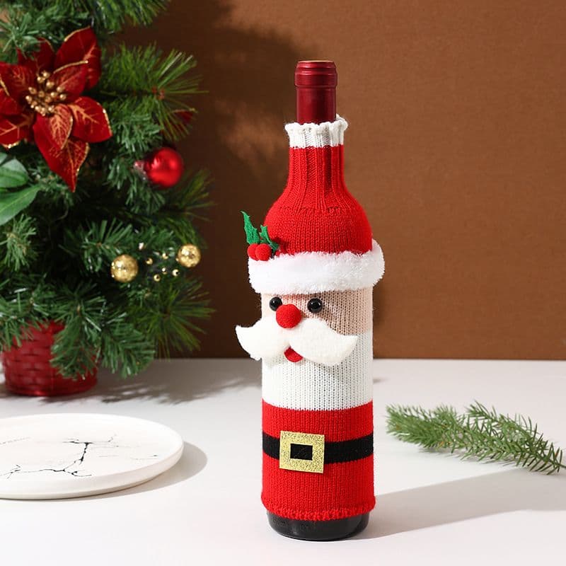 Santa Claus Style Knitted Christmas Wine Bottle Cover - Festive Table Decor