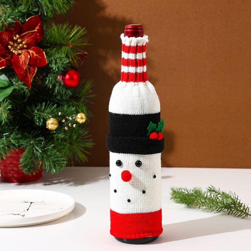 Snowman Designs Style Knitted Christmas Wine Bottle Cover - Festive Table