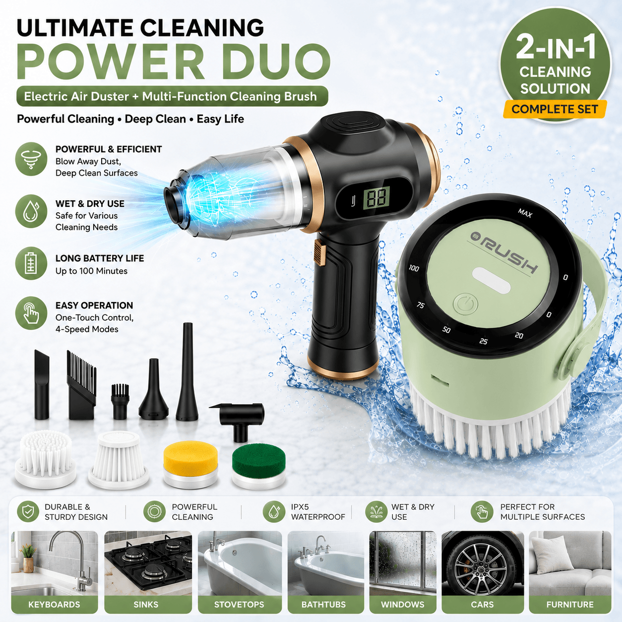 Black and Green Cordless 2-in-1 Cleaning Kit Vacuum cleaner (2 x 2000mAh)