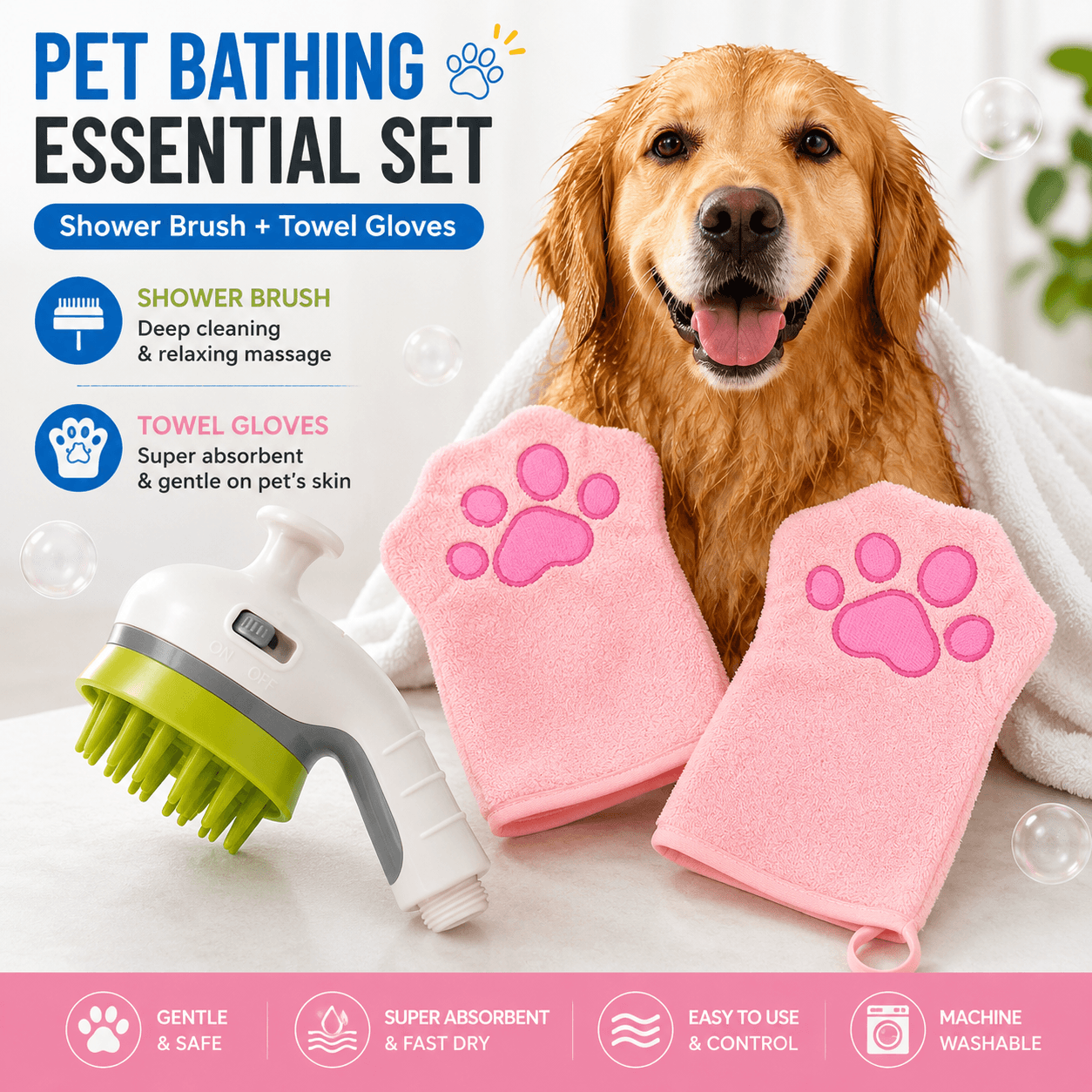 3-piece Pet Grooming Bathing Kit with 2 pack Pink Pet Drying Glove Towel