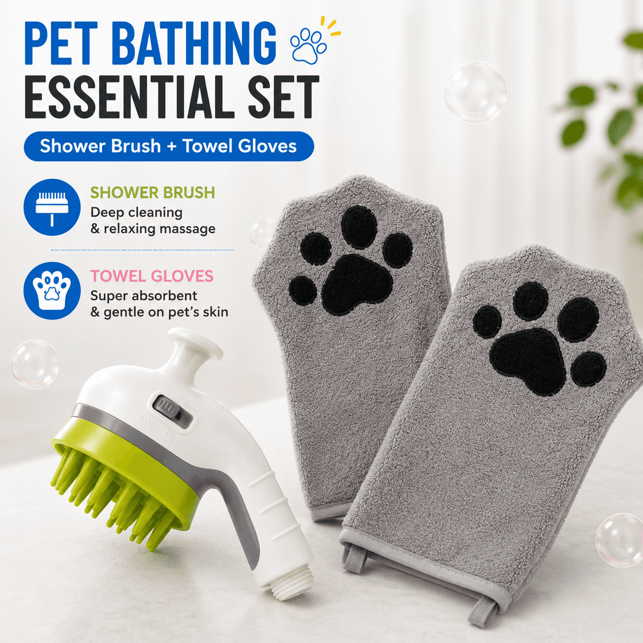 3-piece Pet Grooming Bathing Kit with 2 pack Grey Pet Drying Glove Towel