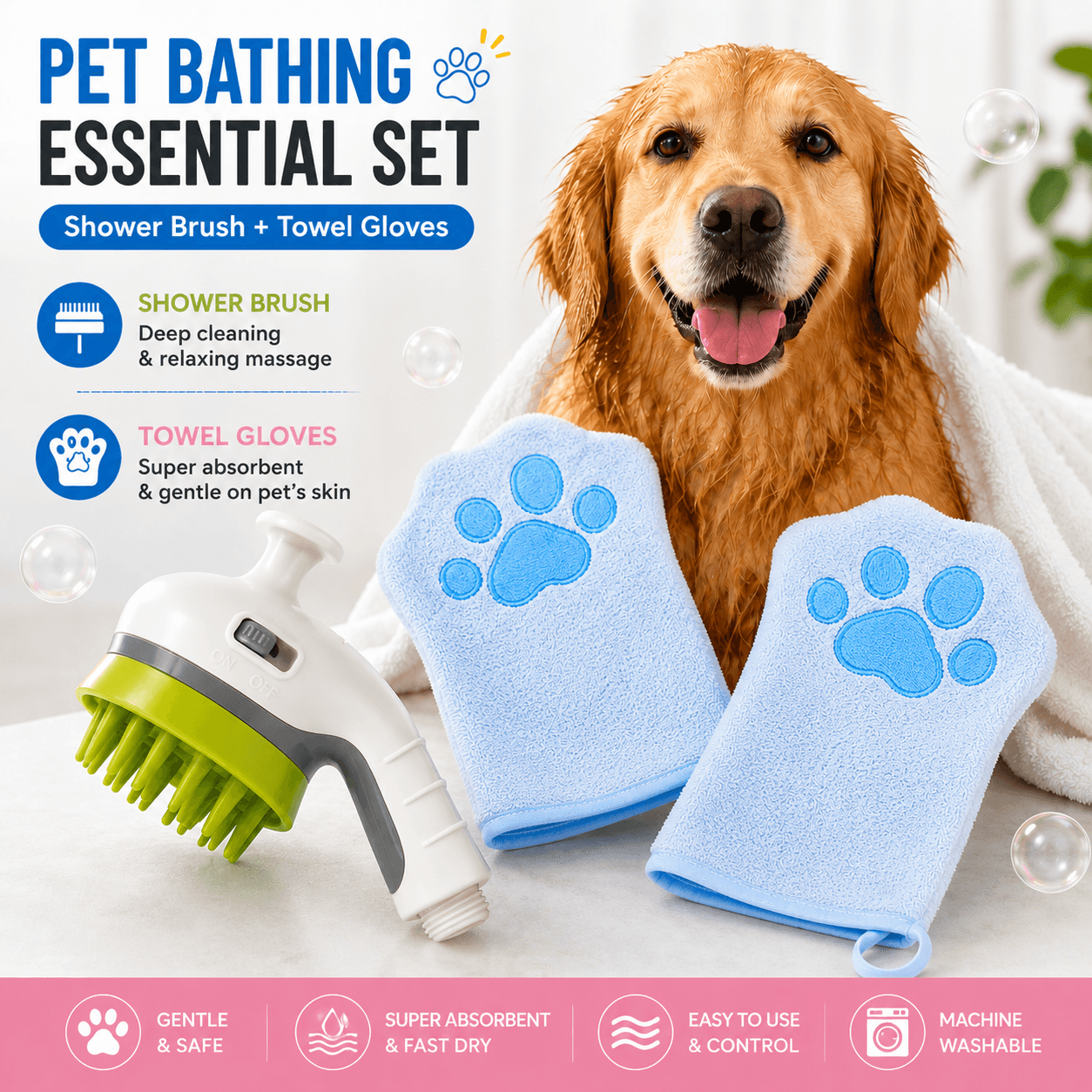 3-piece Pet Grooming Bathing Kit with 2 pack Blue Pet Drying Glove Towel