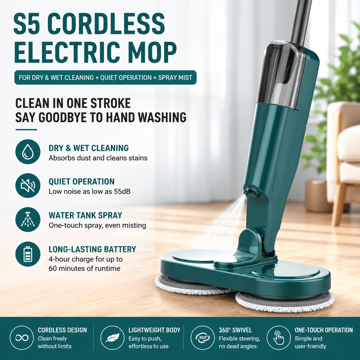 S5 Green Cordless Electric Spin Mop with Spray Function USB Rechargeable