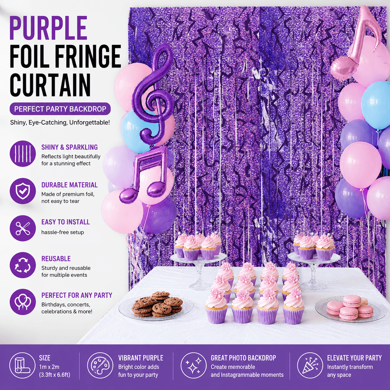 5-Piece Purple Lightning Tinsel Curtain Backdrop - Shimmer Foil Fringe Party