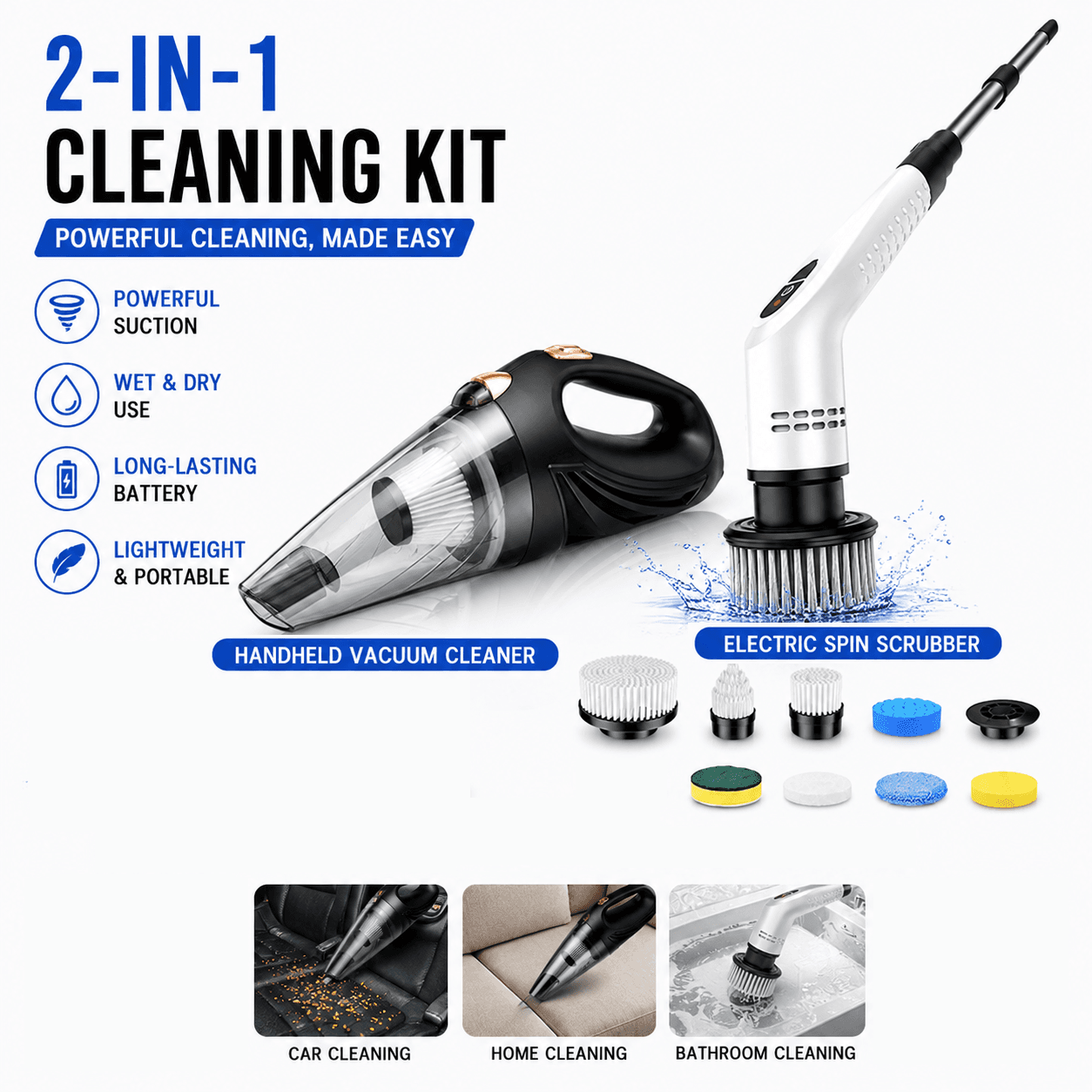 Black Cordless Car Vacuum Cleaner & White Electric Spin Scrubber Combo