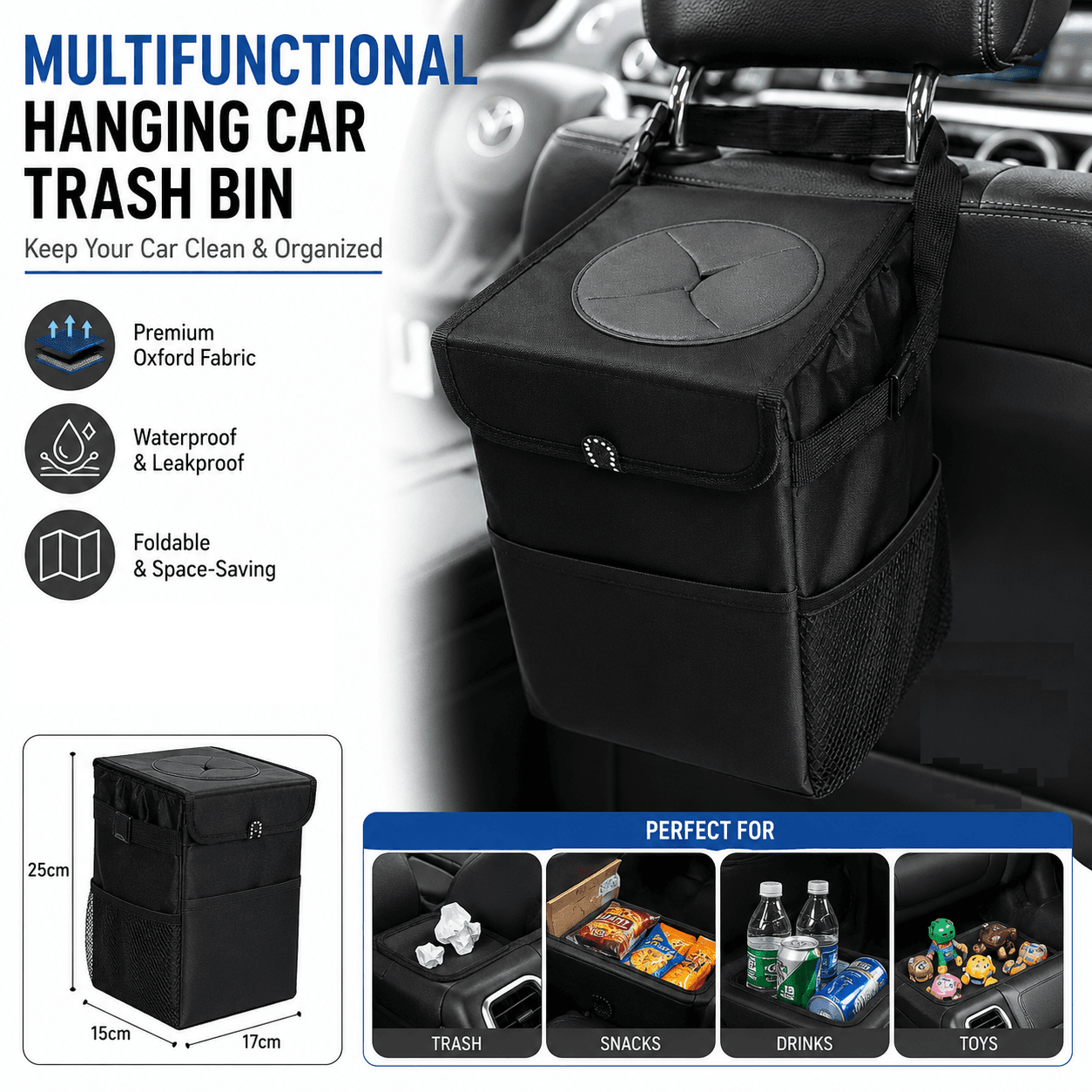Black small size 15 × 17 × 25 cm Car Trash Bin with Oxford Cloth