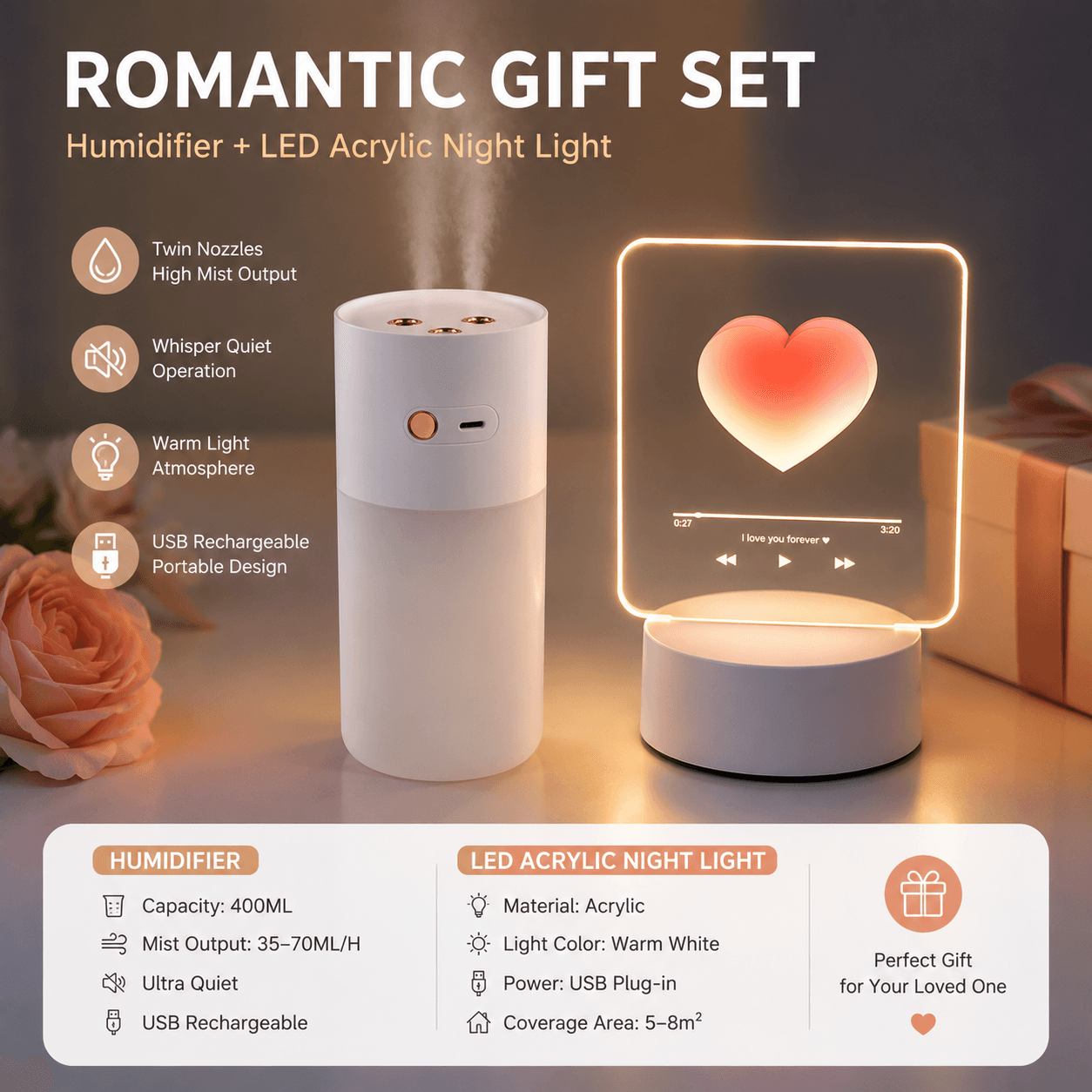 Creative Romantic Home Gift Set - White Dual Spray USB Humidifier with Warm