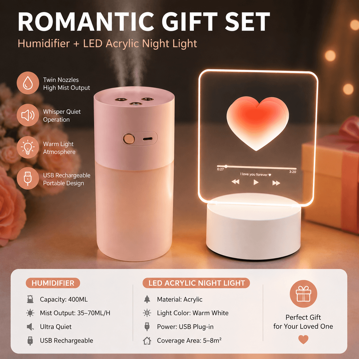 Creative Romantic Home Gift Set - Pink Dual Spray USB Humidifier with Warm
