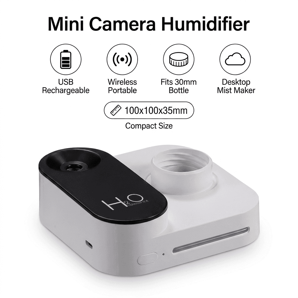 White Mini Camera Humidifier, USB Rechargeable Portable Water Bottle