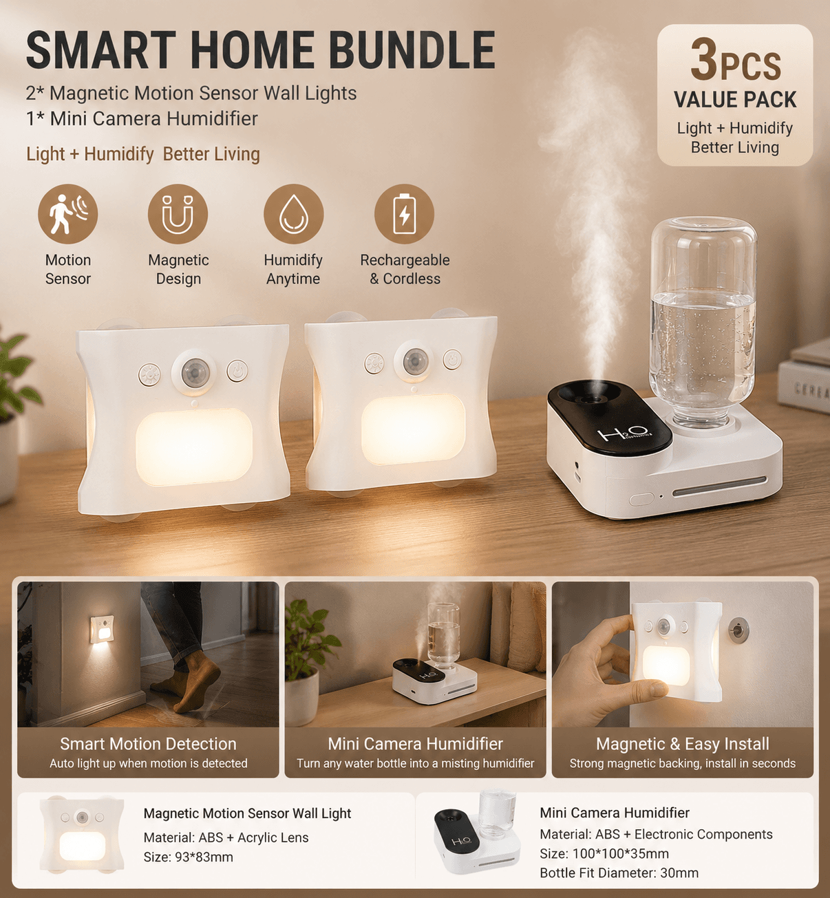 3-Piece Smart Home Atmosphere Set - White USB Rechargeable Camera Humidifier