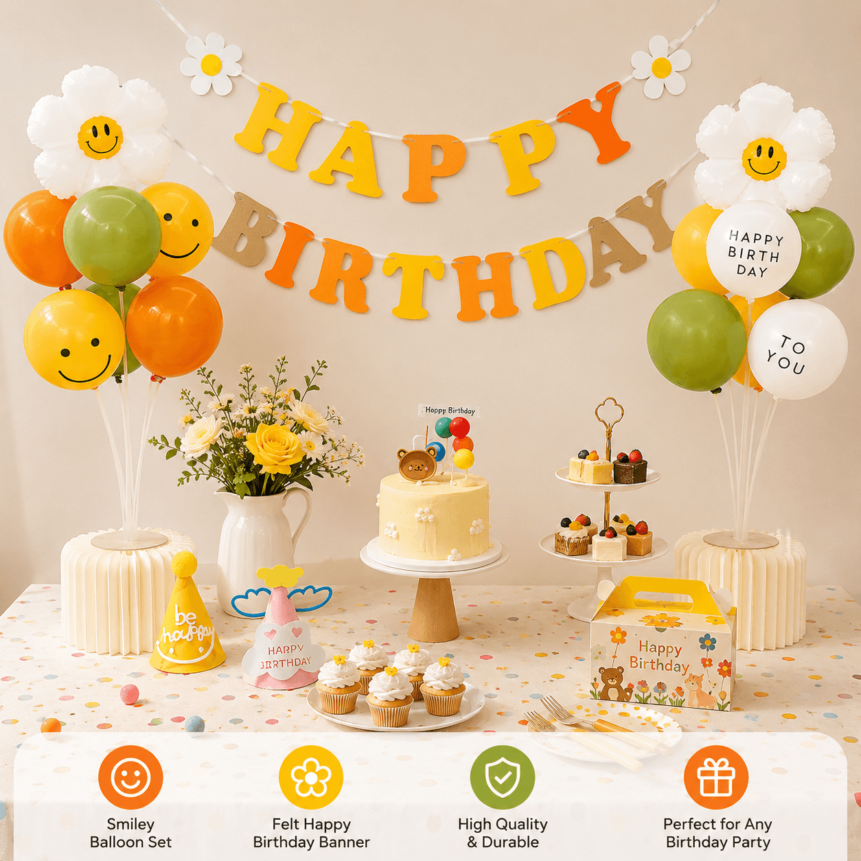3-pcs Birthday Party Decoration Set with 2-pack Smiley Daisy Balloon