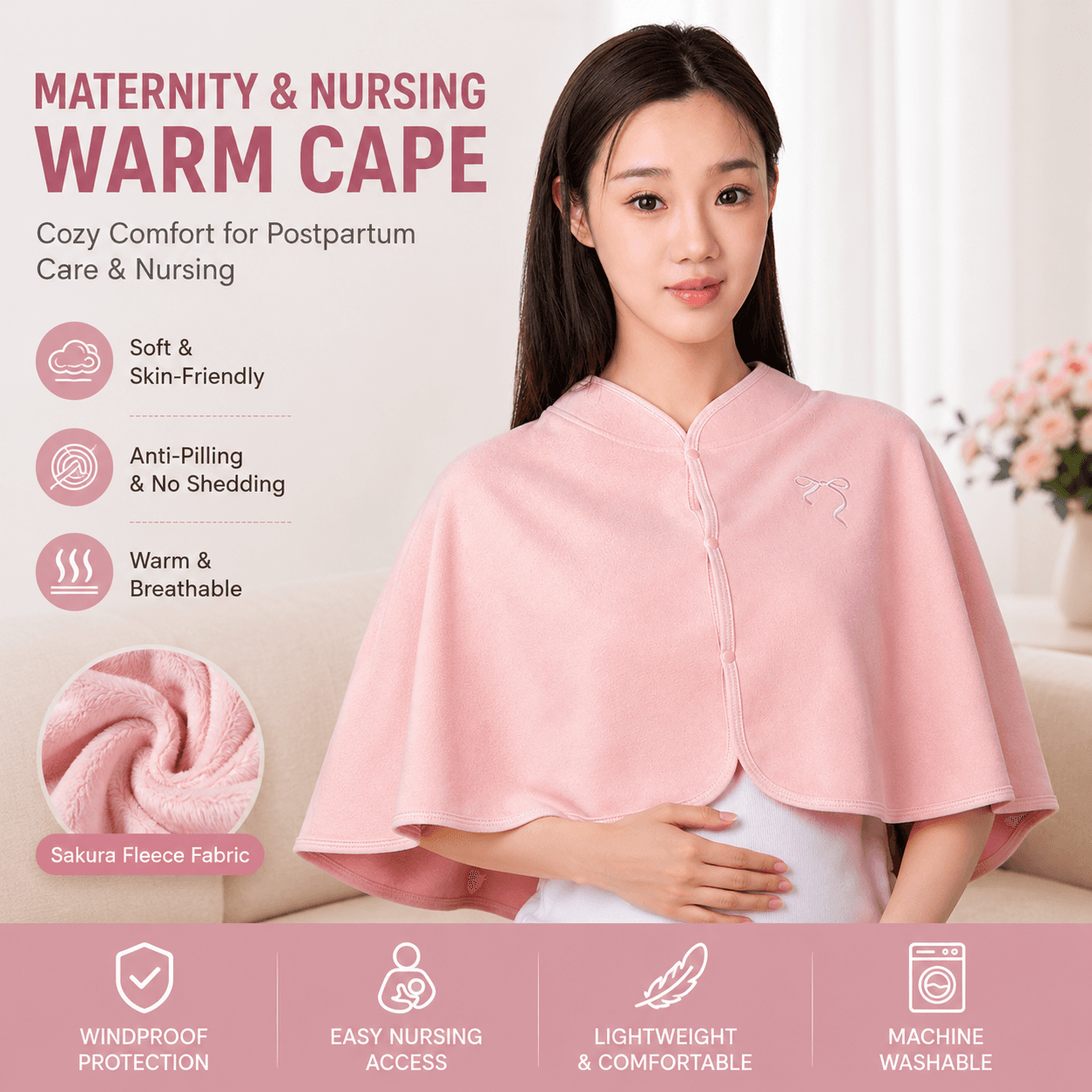 Pink Maternity Nursing Shoulder Wrap Cape - Ultra Soft Sakura Fleece