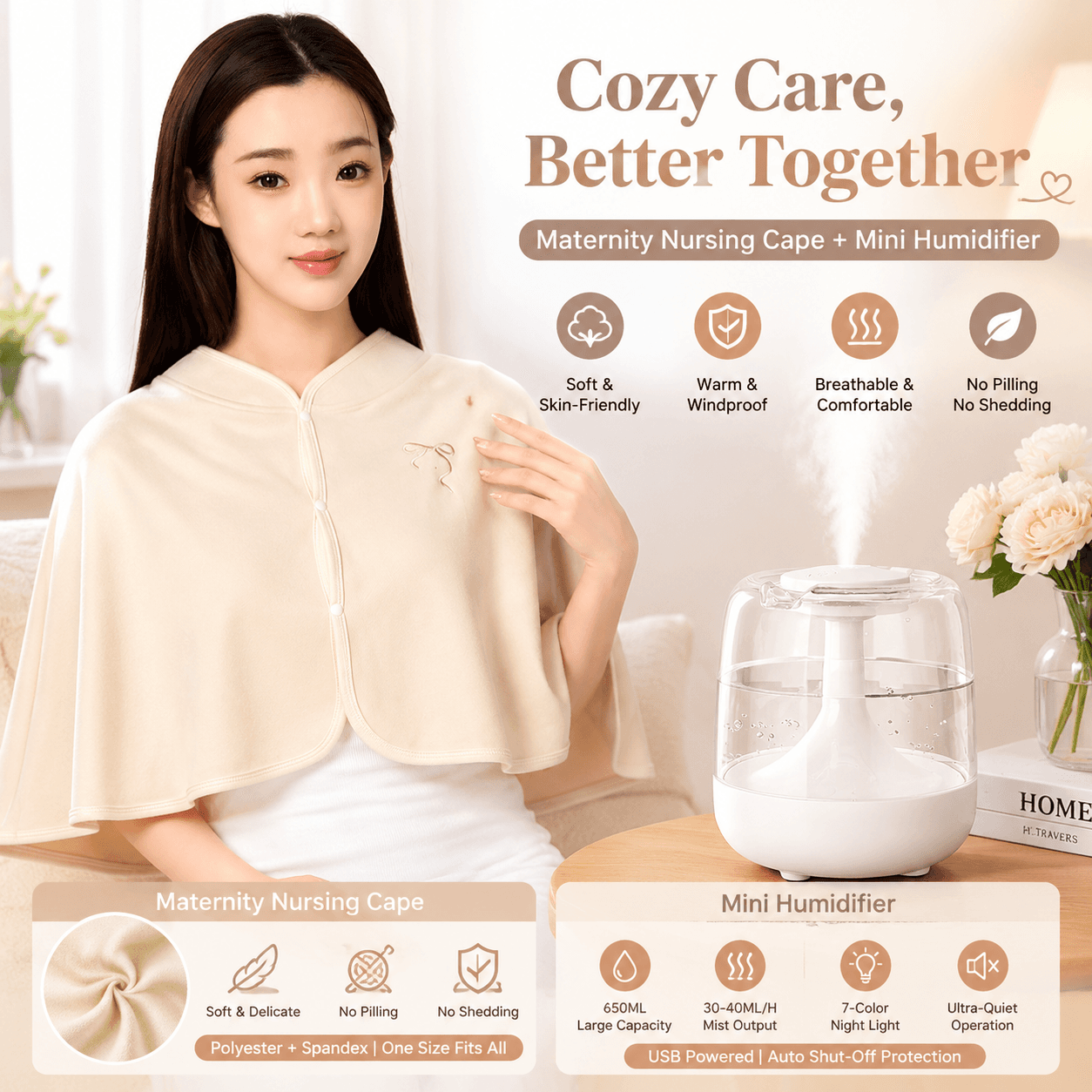 2-Piece Relaxing Winter Set - Beige Nursing Cape - Beige White Postpartum