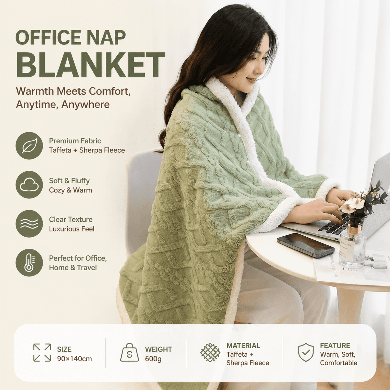Green 90×140 cm Textured bar knit pattern Sherpa Fleece and Taffeta Throw