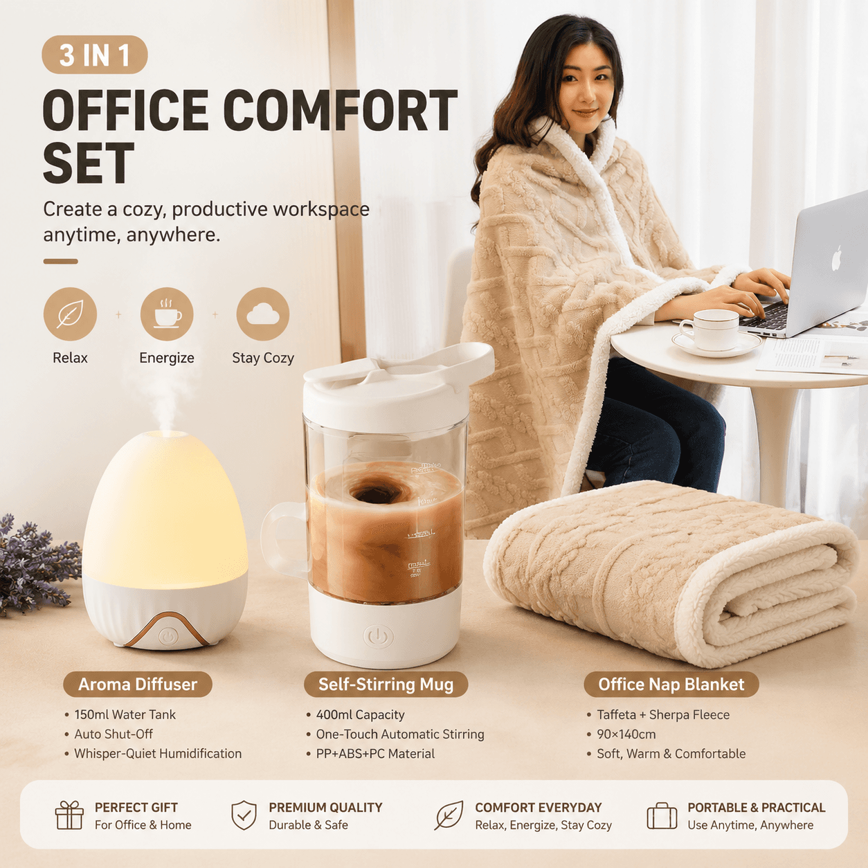 3-piece Office Comfort Gift Bundle Set - White Aromatherapy Diffuser, White