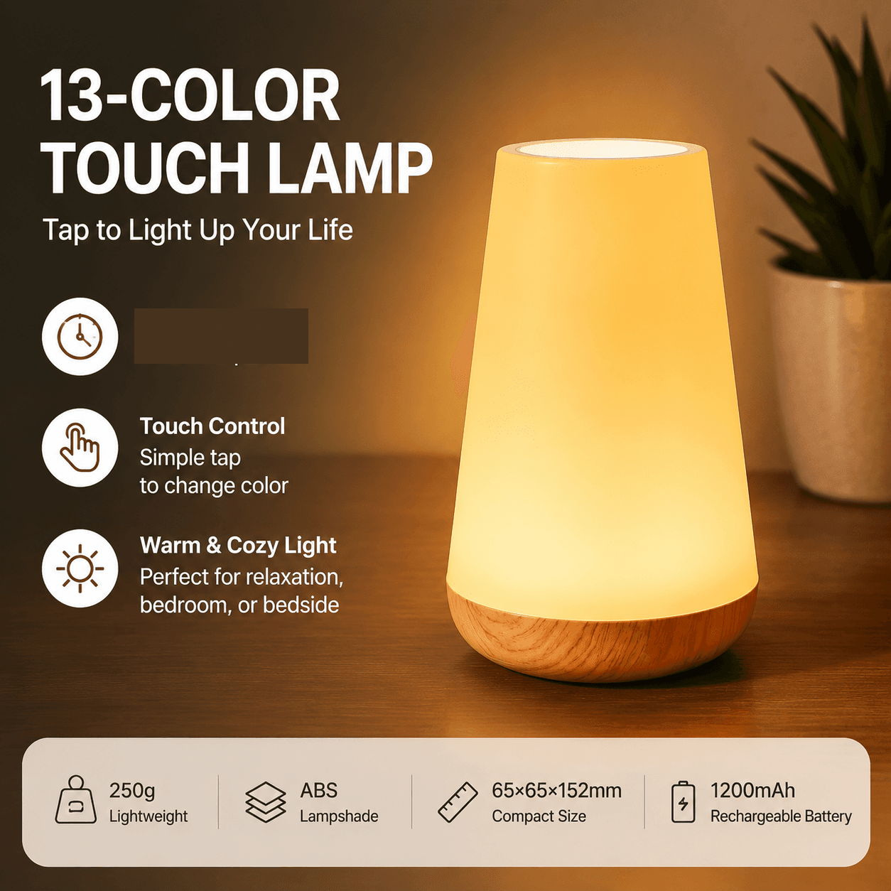 White LED Rechargeable Night Light with 13 Colors - 1200mAh Touch Bedside