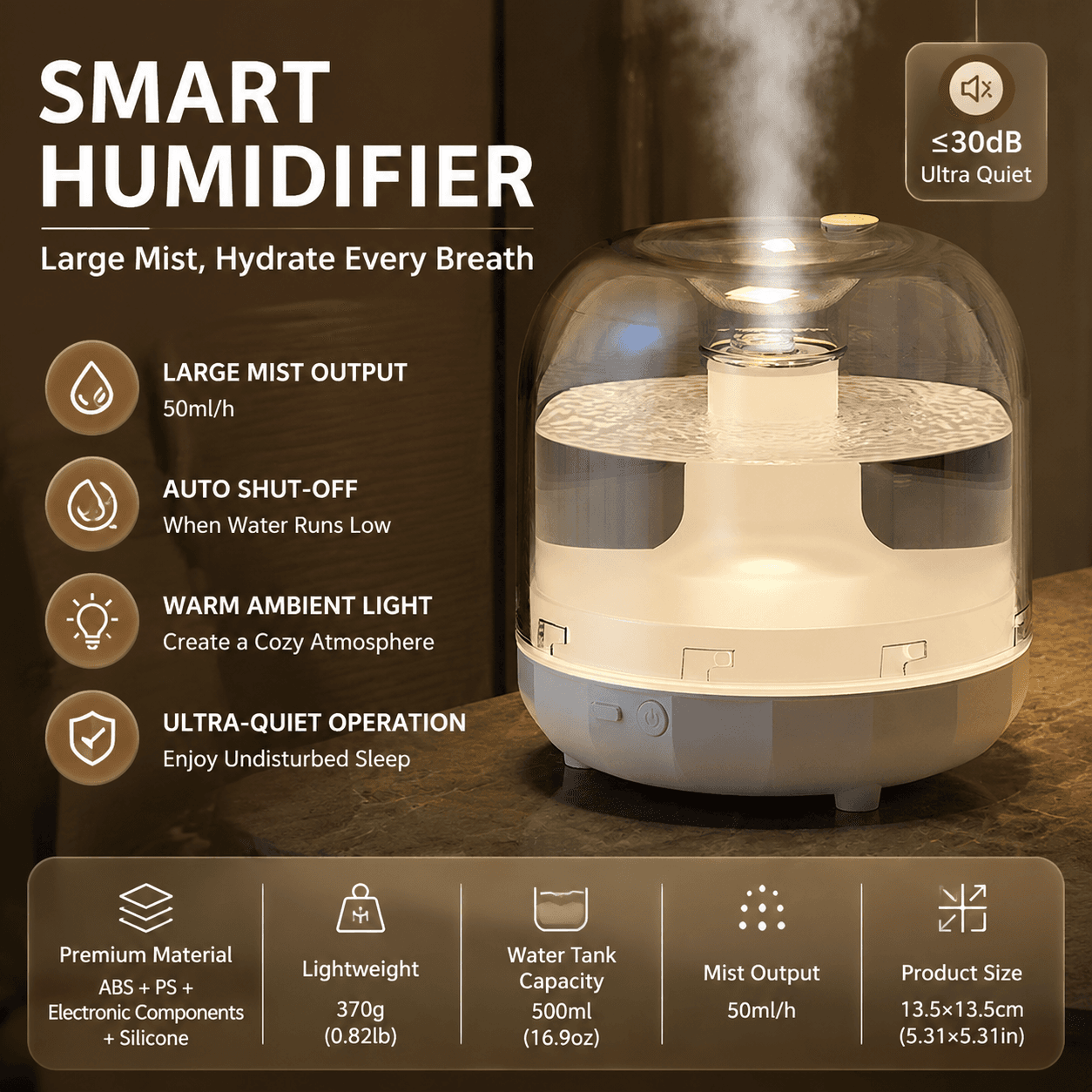 White 500 ml Smart Ultrasonic Humidifier & Aroma Diffuser - USB Silent Air