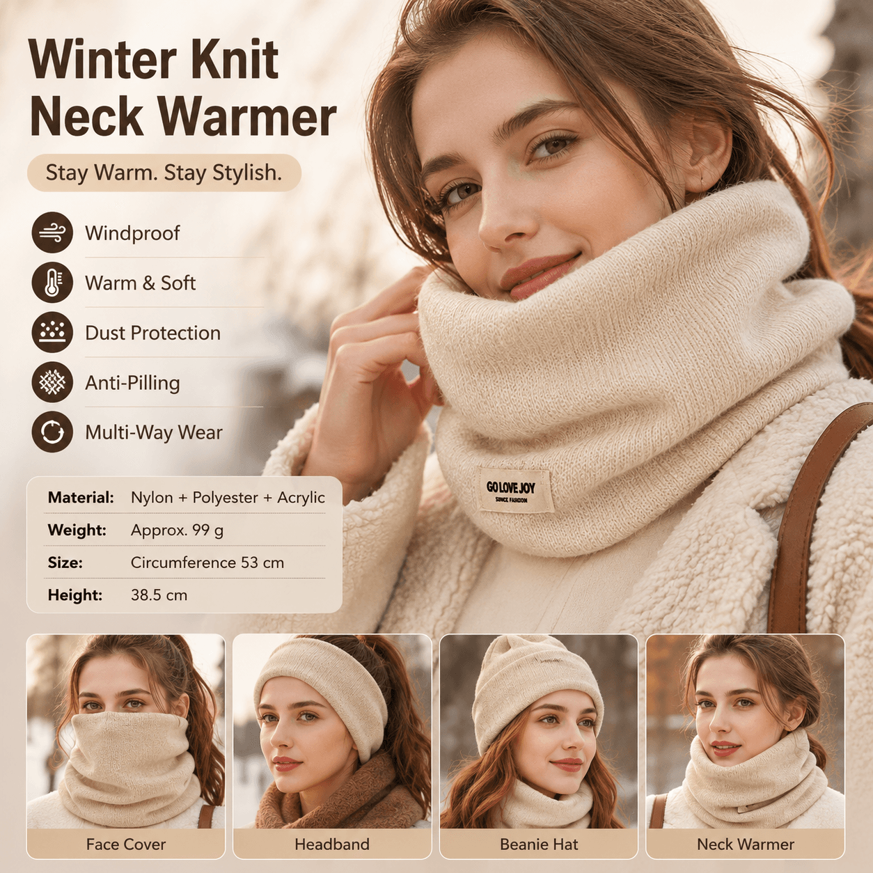 Beige Women's Knitted Neck Warmer Snood - Ear Loop Face Cover, Warm