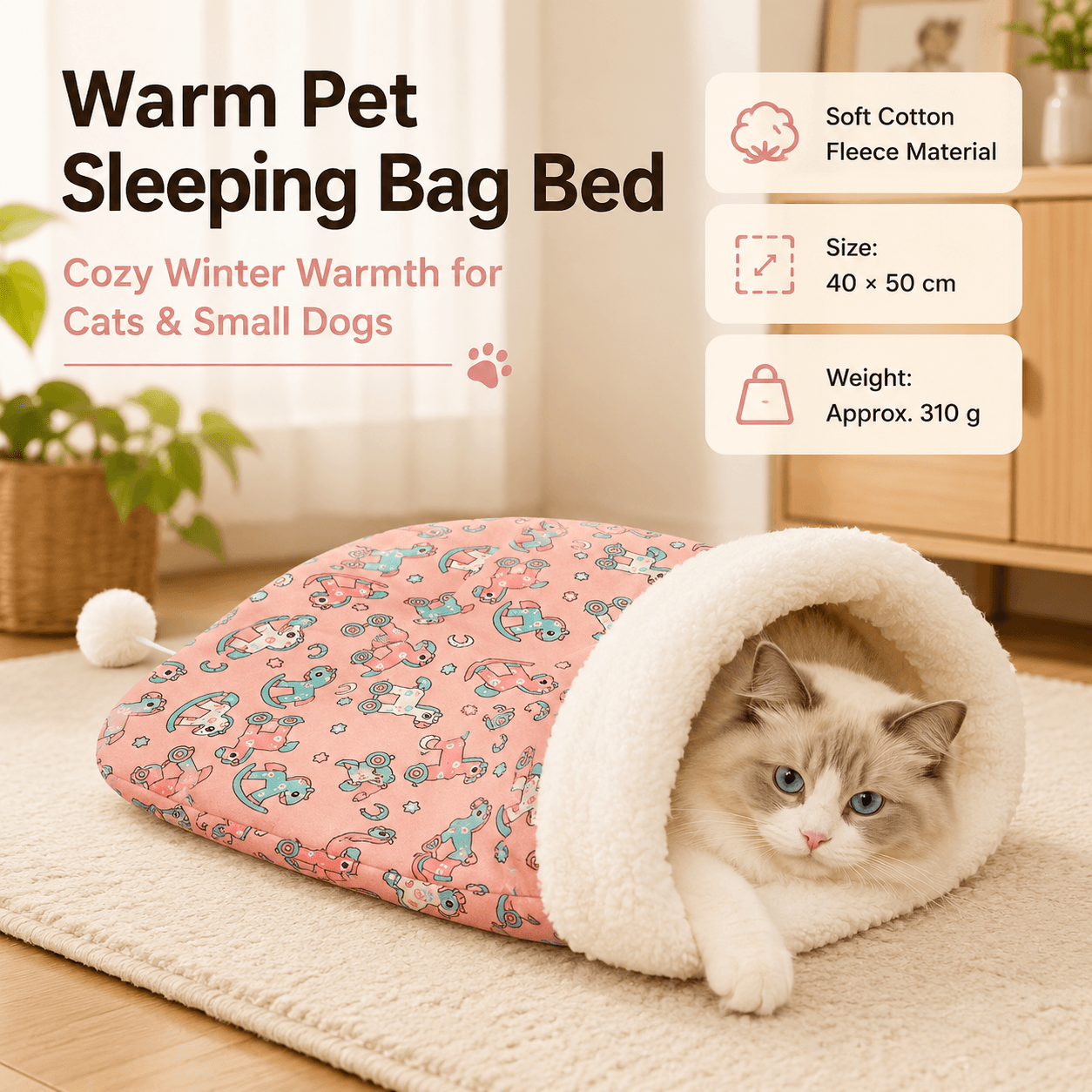 Cat Sleeping Bag Bed - Pink Cotton Plush 40 × 50 cm - Warm Burrowing Cave
