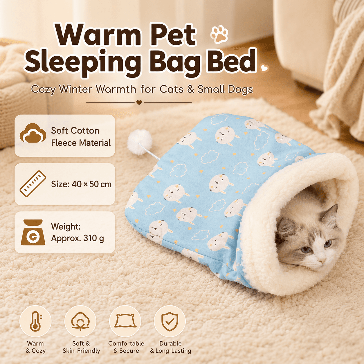 Cat Sleeping Bag - Blue Cotton Plush 40 × 50 cm Cosy Cave Bed