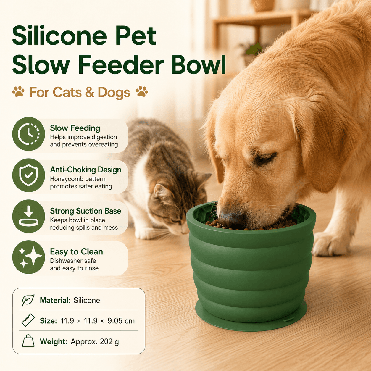 Silicone Slow Feeder Dog Bowl - Green 11.9 × 11.9 × 9.05 cm Anti Gulp Pet