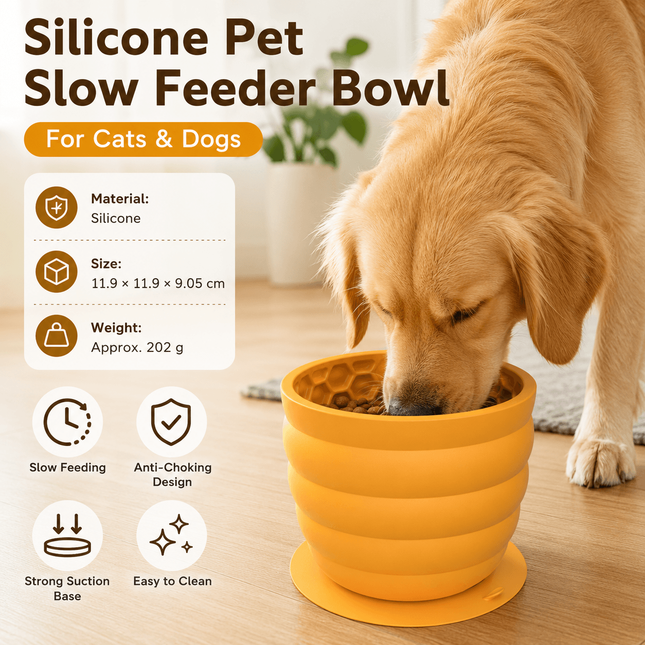 Silicone Slow Feeder Dog Bowl - Yellow 11.9 × 11.9 × 9.05 cm Anti-Gulp Pet