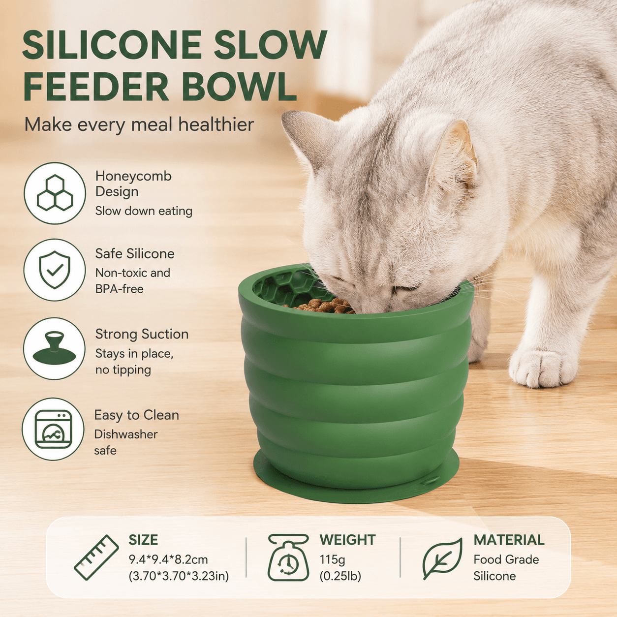 Silicone Slow Feeder Dog Bowl - Small Green 9.4 × 9.4 × 8.2 cm, Suction