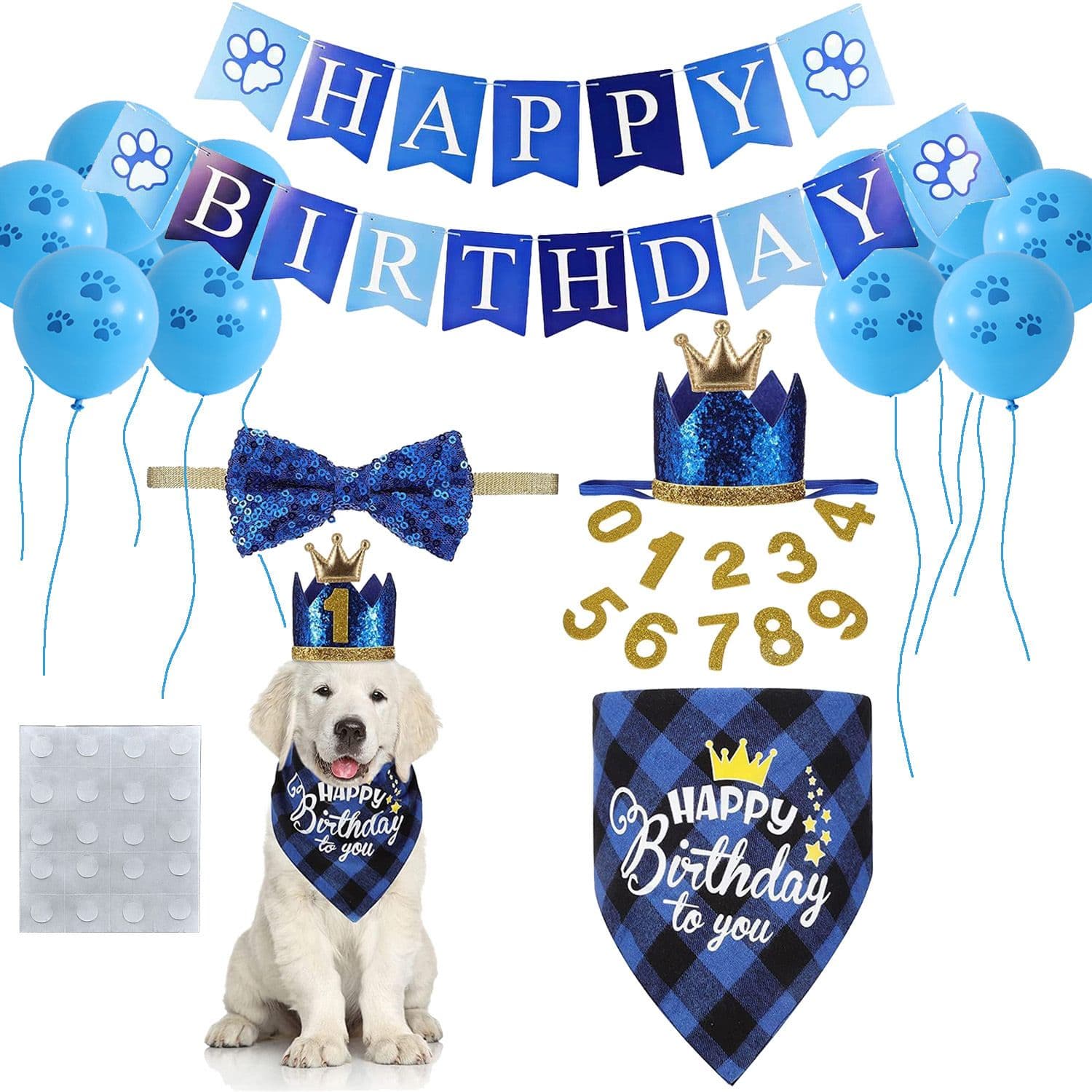 Blue Pet Birthday Party Decoration Set Dog Birthday Bandana Hat Bow Tie