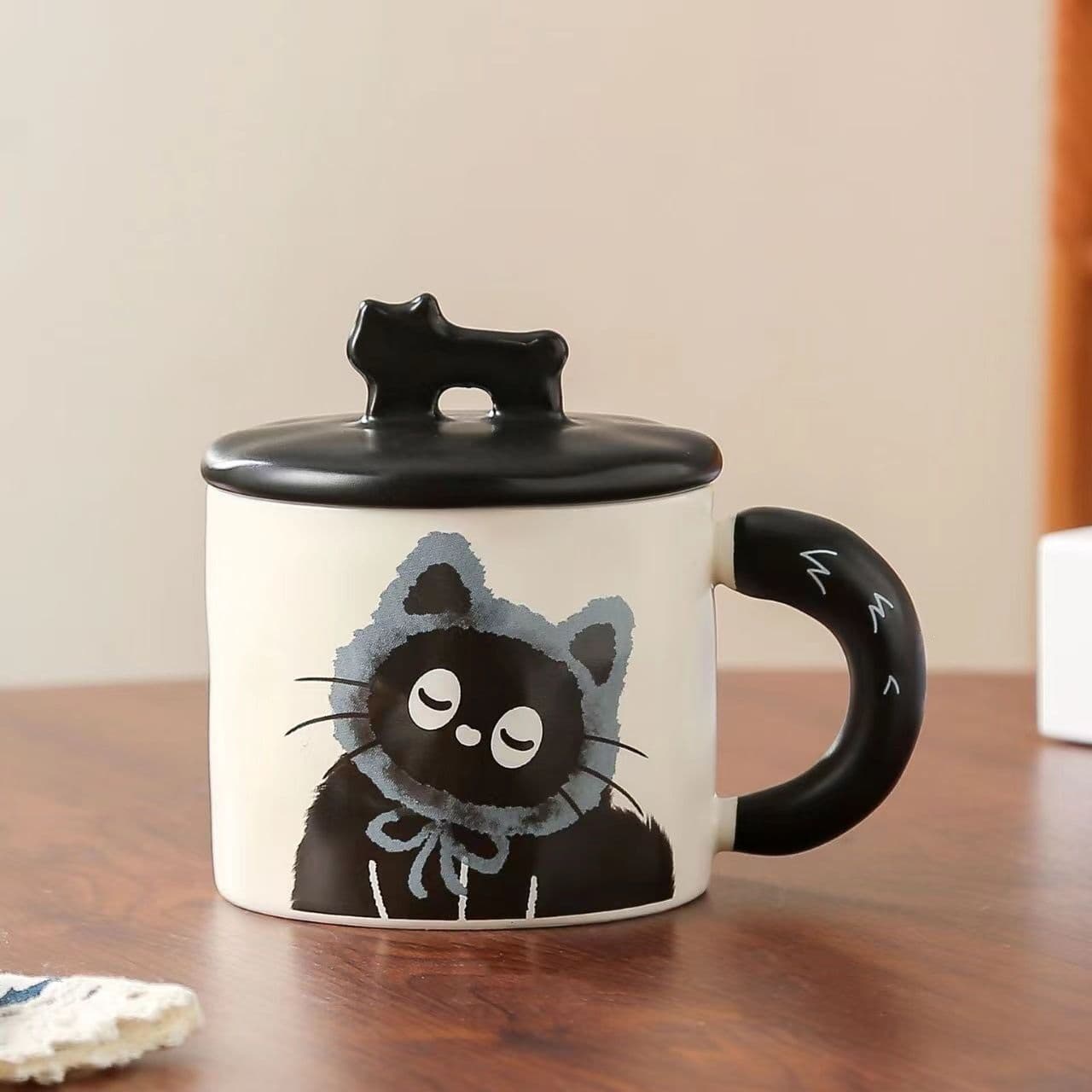 Blue Cat Ceramic Mug with Lid 360 ml, Kawaii Coffee Cup Gift Set for Home