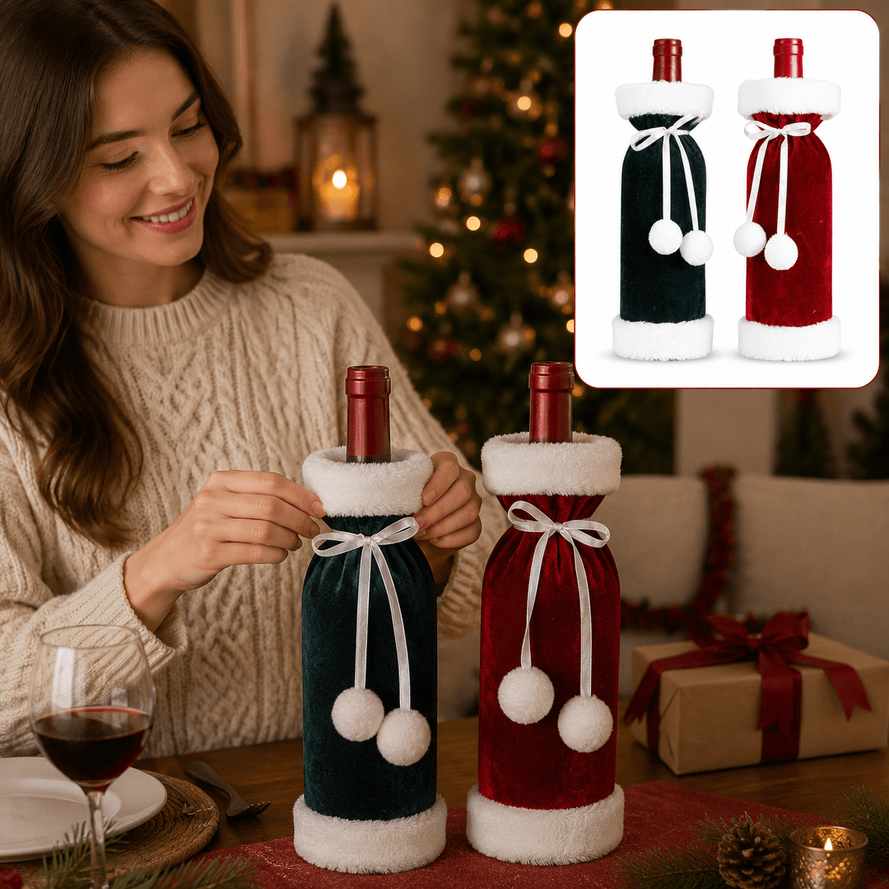 2 Pack (Red+Green) Christmas Velvet Wine Bottle Covers with Faux - Red Green