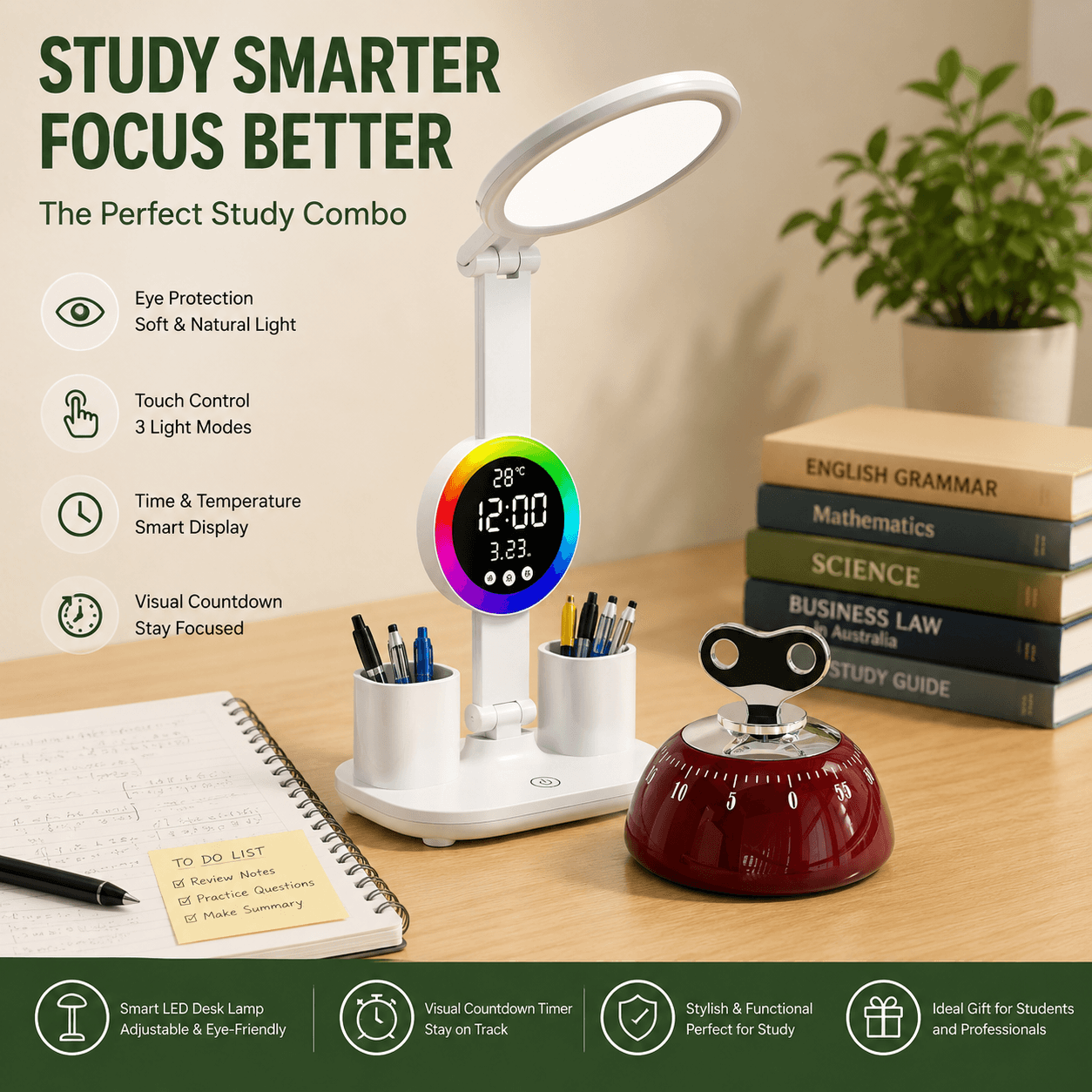 Study Smarter Bundle LED Reading Lamp with Smart Display Pen - Red Timer