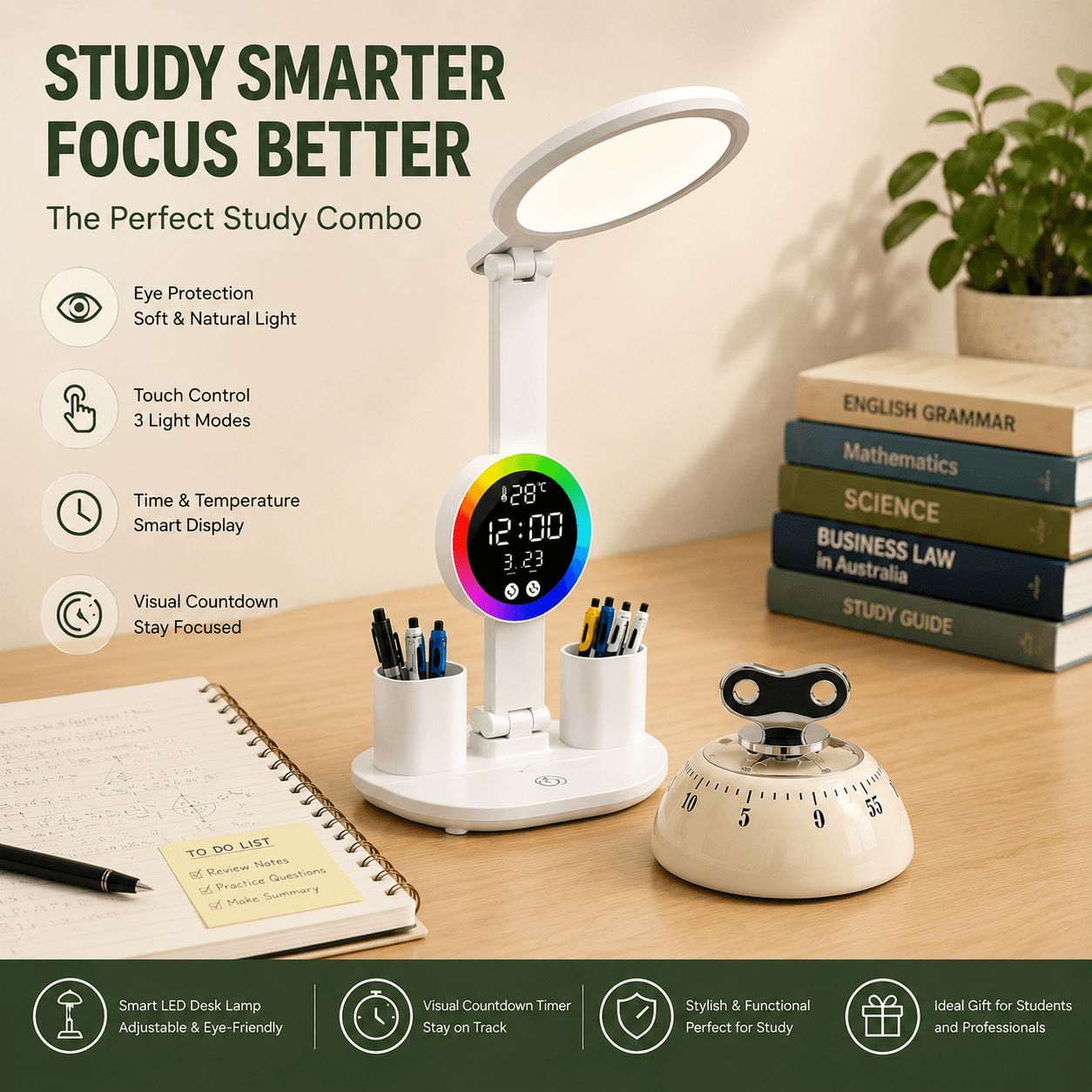 Study Smarter Bundle LED Reading Lamp with Smart Display Pen - Display White