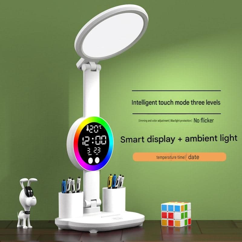 LED Foldable Eye-Caring Reading Desk Lamp with Smart Clock Display, USB