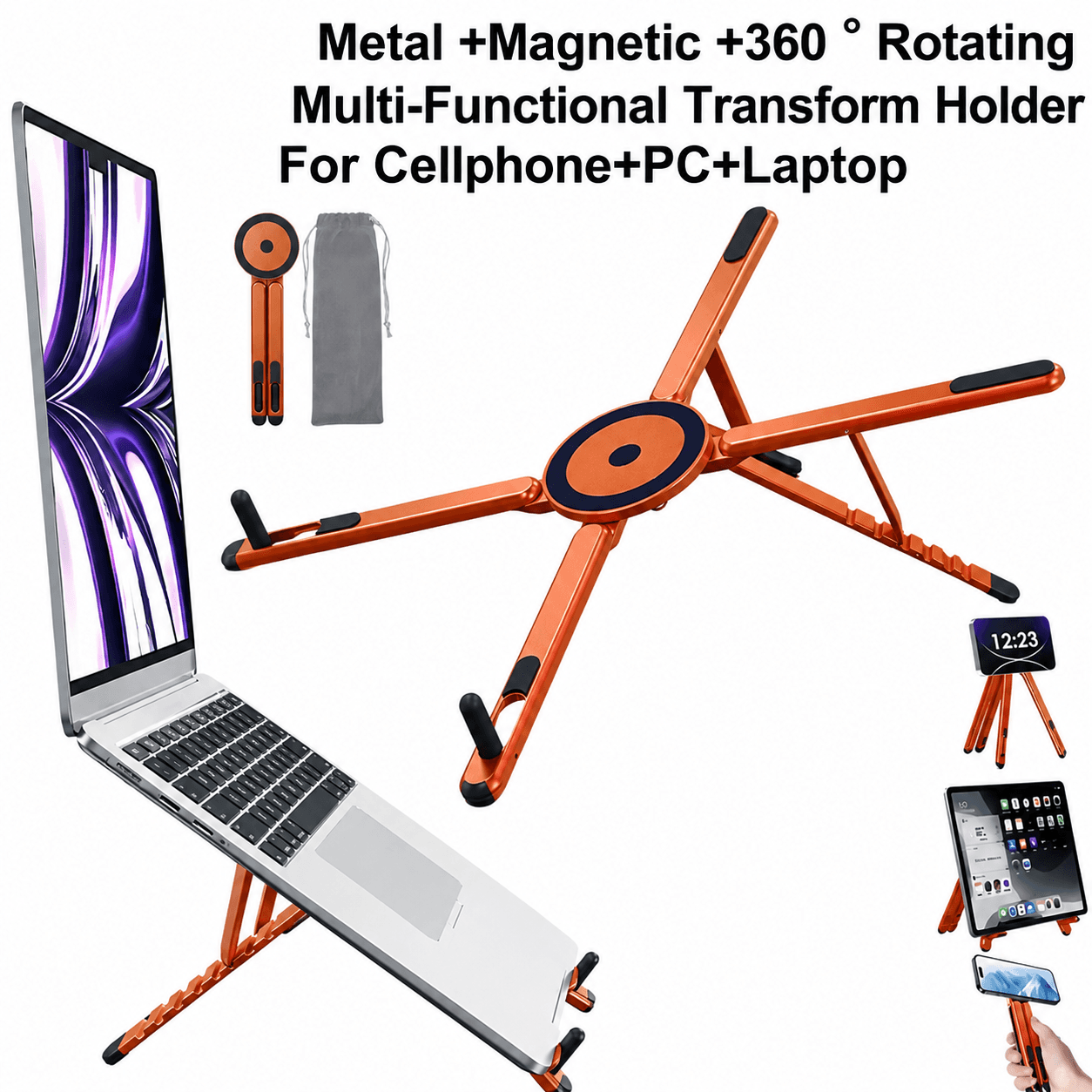 Orange Foldable Magnetic Phone & Tablet Stand Aluminium Alloy Laptop Holder