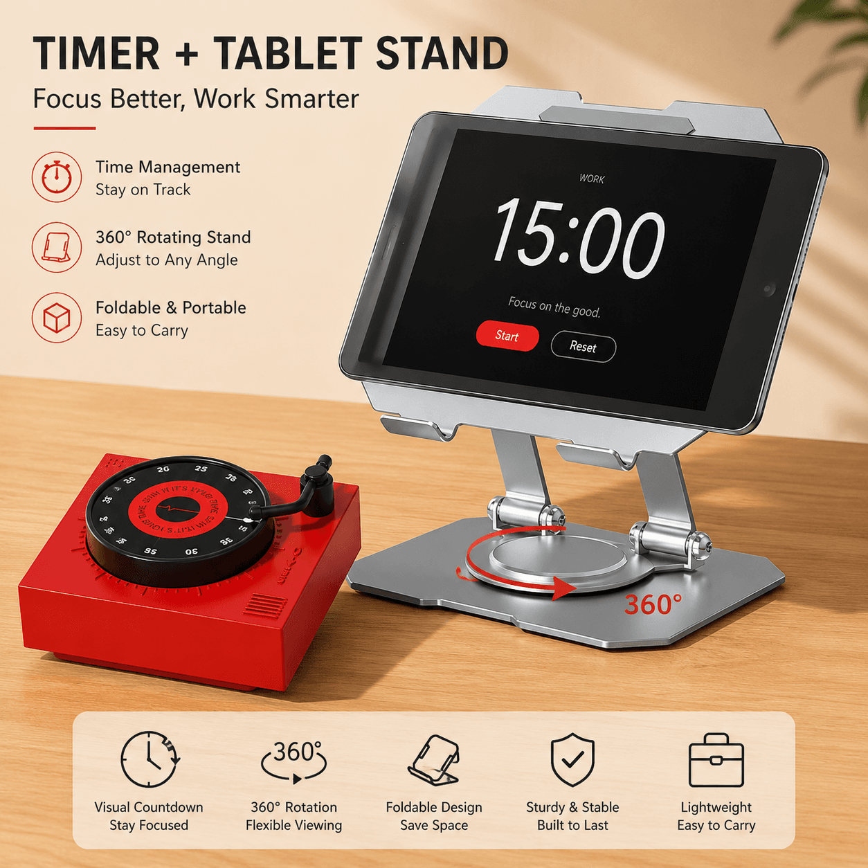 Study Focus Timer (red) and Foldable Metal Tablet Stand (Silver) Set