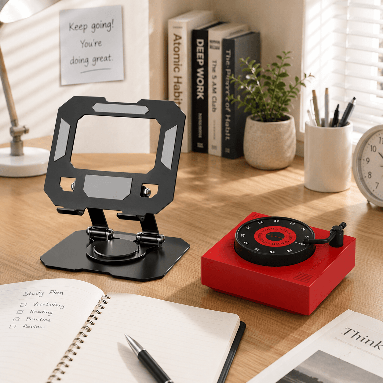 Study Focus Timer (Red) and Foldable Metal Tablet Stand (Black) Set
