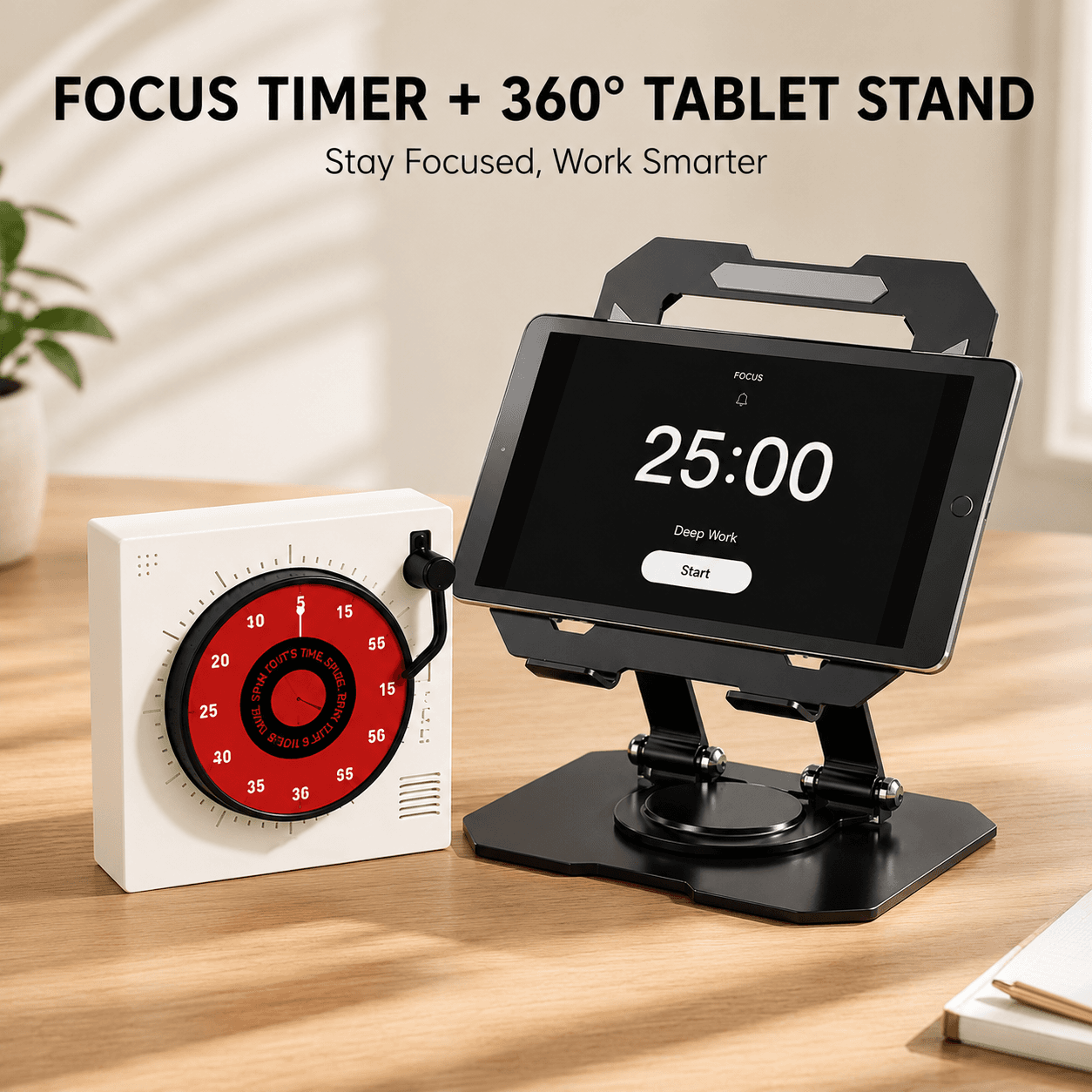 Study Focus Timer (White) and Foldable Metal Tablet Stand (Black) Set